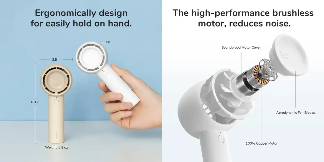 JISULIFE FA42 Handheld Fan 5 mini turbo fan with 4500mAh battery and powerful airflow