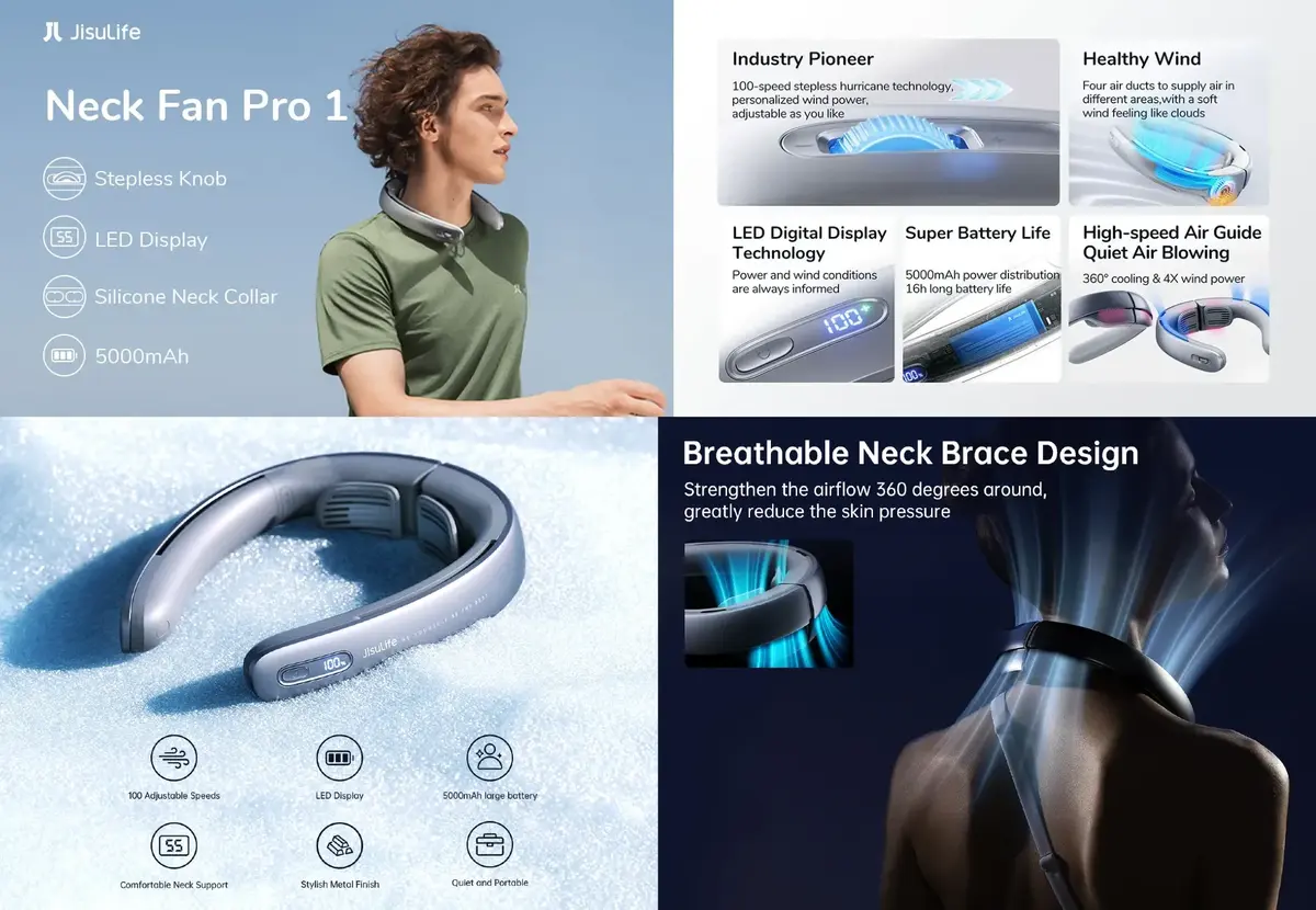 JISULIFE FA45 NeckFan Pro1 bladeless wearable neck fan with 100 speed wind and 5000mAh battery for summer cooling