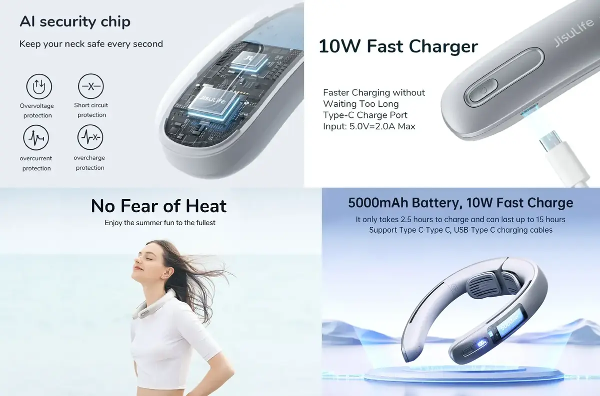 JISULIFE Bladeless Neck Fan FA45 portable USB rechargeable neck fan with LED display for outdoor use