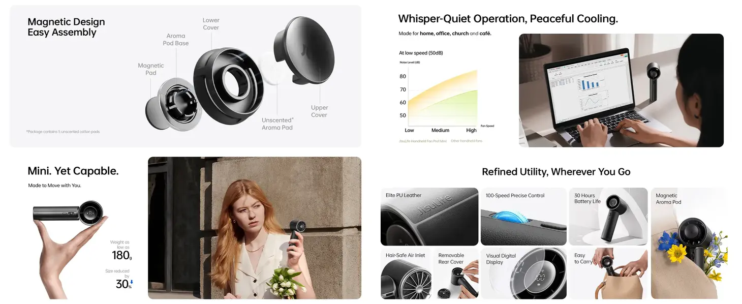 JISULIFE Pro1 Mini handheld fan stylish mini fan with PU leather design and powerful airflow for daily use