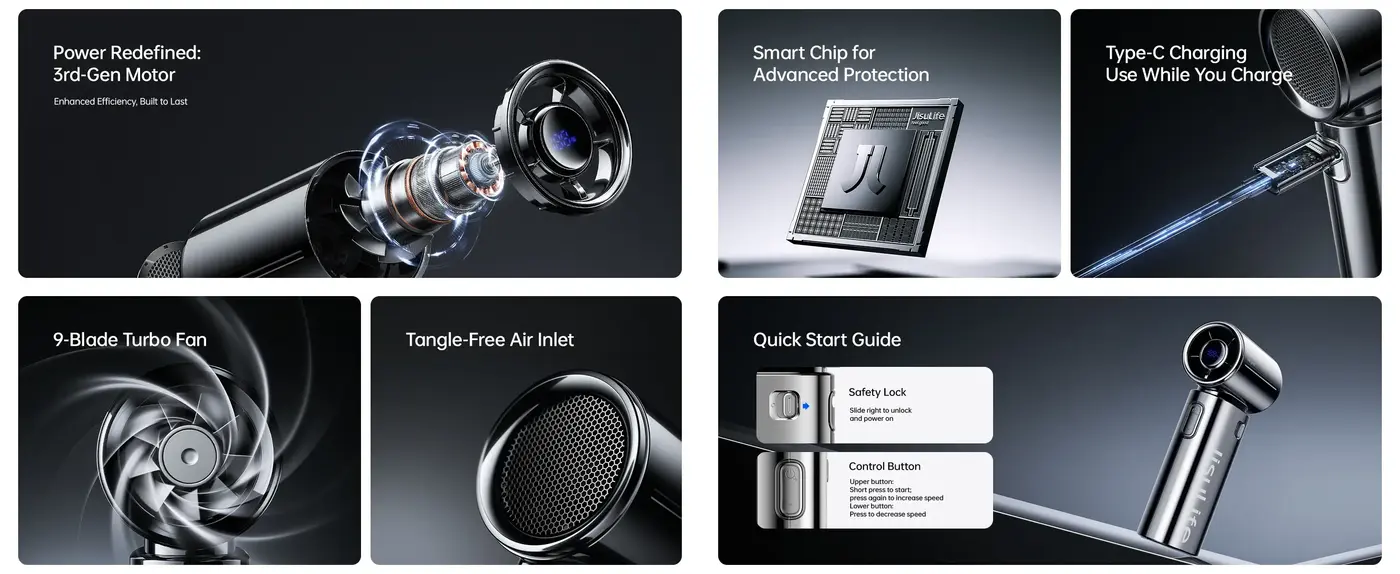 JISULIFE Life9S Chrome mini handheld turbo fan with LED display and 5000mAh long battery life